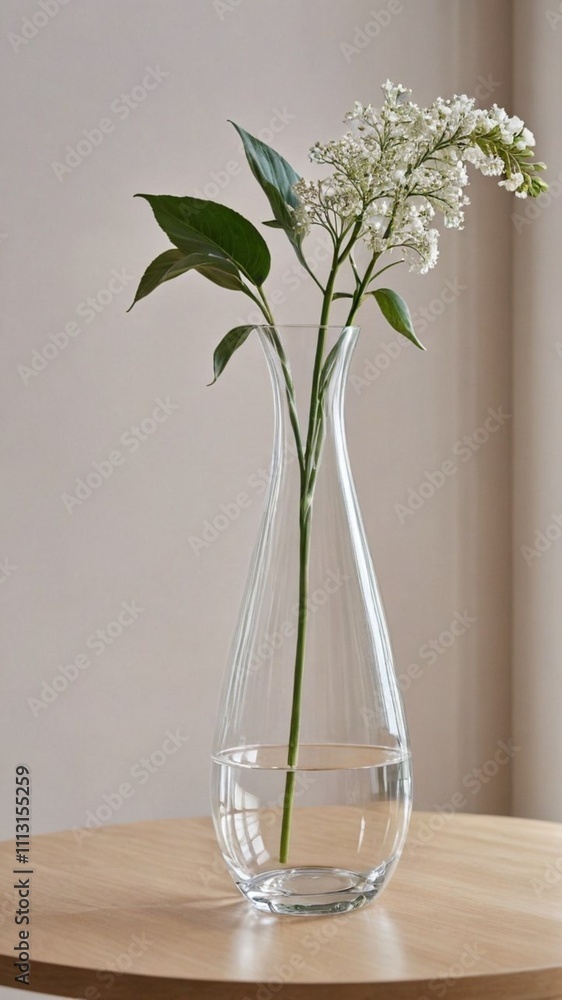 A transparent vase stands on a table against a light-colored background