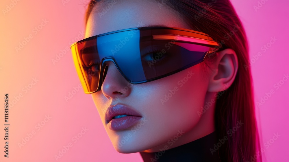 Woman with futuristic neon sunglasses against vibrant background Woman with futuristic neon sunglasses against vibrant background