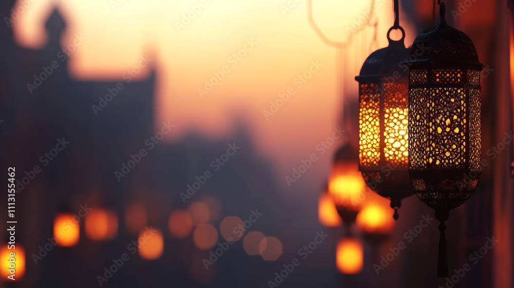 Decorative lanterns glowing softly at sunset, creating a warm and inviting atmosphere. Decorative lanterns glowing softly at sunset, creating a warm and inviting atmosphere.