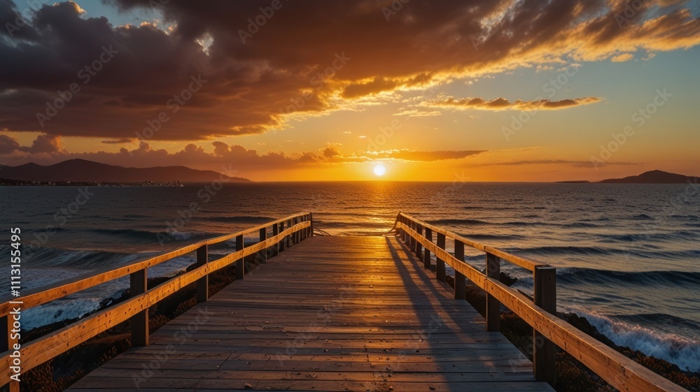 A wooden pier extends into a tranquil ocean at sunset, with dramatic clouds. A wooden pier extends into a tranquil ocean at sunset, with dramatic clouds.