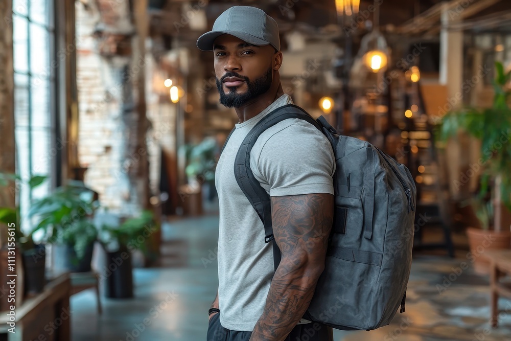 Young man in urban wear with gym bag in a stylish indoor setting Young man in urban wear with gym bag in a stylish indoor setting