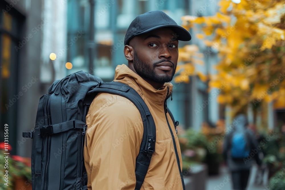 Young man in urban wear with gym bag walking in city street during fall season Young man in urban wear with gym bag walking in city street during fall season