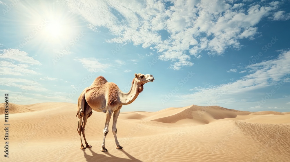 A camel in the desert against the backdrop of dunes and blue sky A camel in the desert against the backdrop of dunes and blue sky