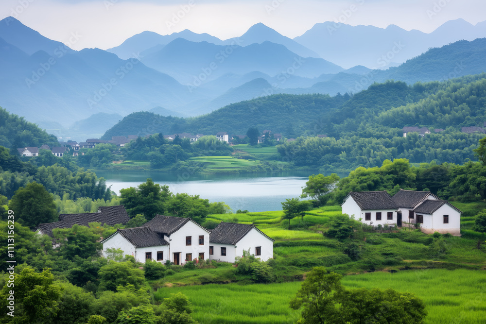 Rural landscape with traditional white houses surrounded by lush green fields and trees, with a tranquil lake in the middle and misty blue mountains in the background Rural landscape with traditional white houses surrounded by lush green fields and trees, with a tranquil lake in the middle and misty blue mountains in the background