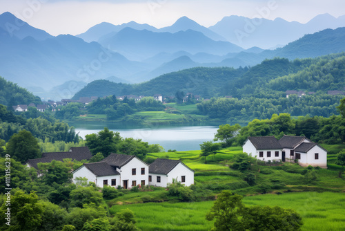 Rural landscape with traditional white houses surrounded by lush green fields and trees, with a tranquil lake in the middle and misty blue mountains in the background