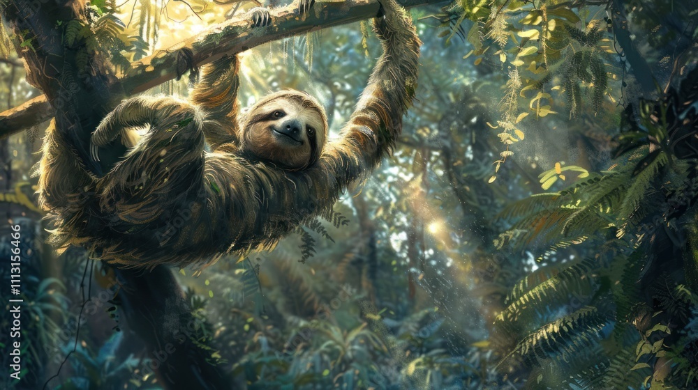A sloth hangs peacefully on a tree branch in a lush, sunlit rainforest, surrounded by dense green foliage and a tranquil atmosphere. A sloth hangs peacefully on a tree branch in a lush, sunlit rainforest, surrounded by dense green foliage and a tranquil atmosphere.