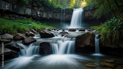 Serene waterfall cascading over rocks into a lush green forest.