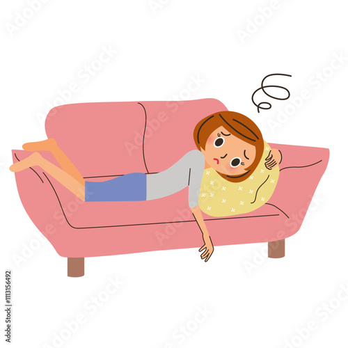 ソファーで横になって、ぐったりしてる女性