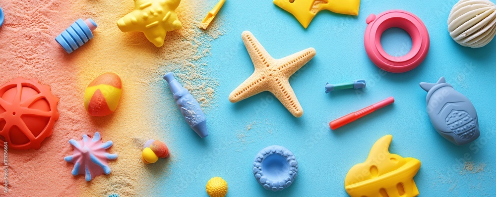 Colorful beach toys arranged on blue and pink sand background