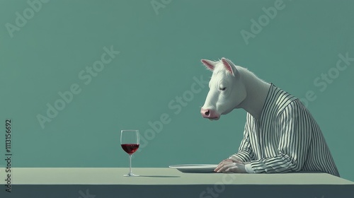 Anthropomorphic cow in striped gown enjoying a solitary meal with wine at a simple dining table