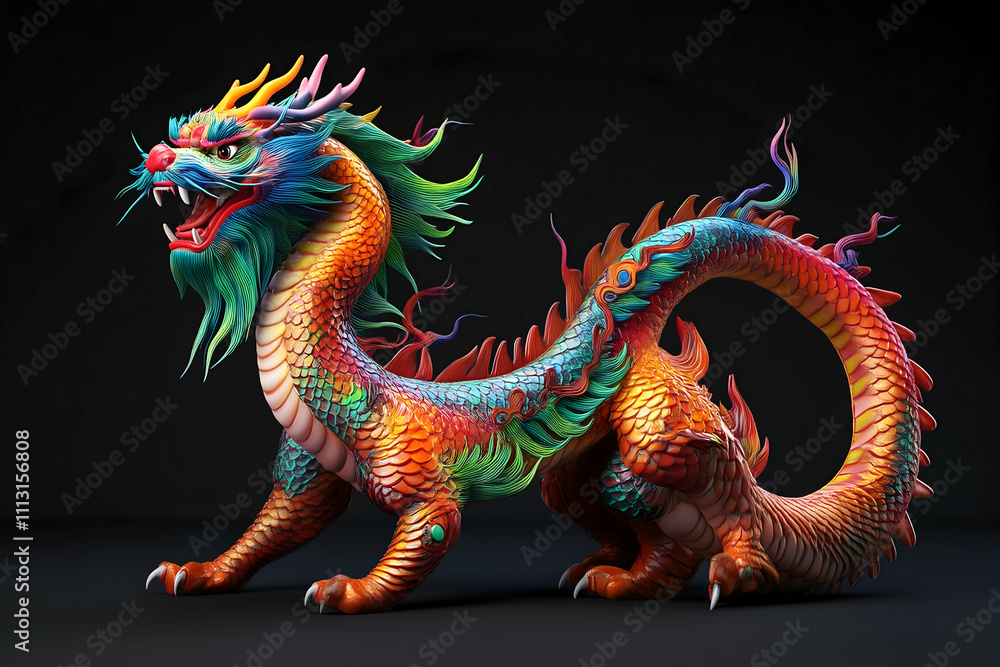 Majestic Chinese Dragon: A vibrant, intricately detailed 3D render of a Chinese dragon, showcasing rich colors and mythical elegance against a dark background. Majestic Chinese Dragon: A vibrant, intricately detailed 3D render of a Chinese dragon, showcasing rich colors and mythical elegance against a dark background.