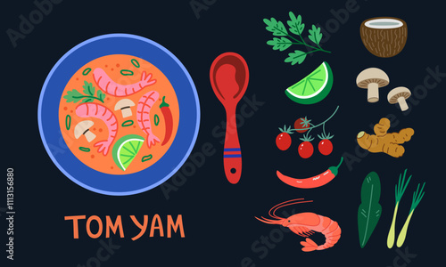Tom yam soup, tom yum. Traditional Thai food, top view of meal and ingredients. Illustration in colorful trendy style.