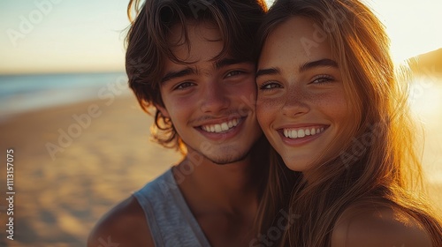 Young couple shares a warm hug at a beach sunset with a rock vibe