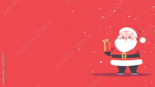 Playful Christmas delivery scene featuring Santa holding a present on the right side of a simple red background