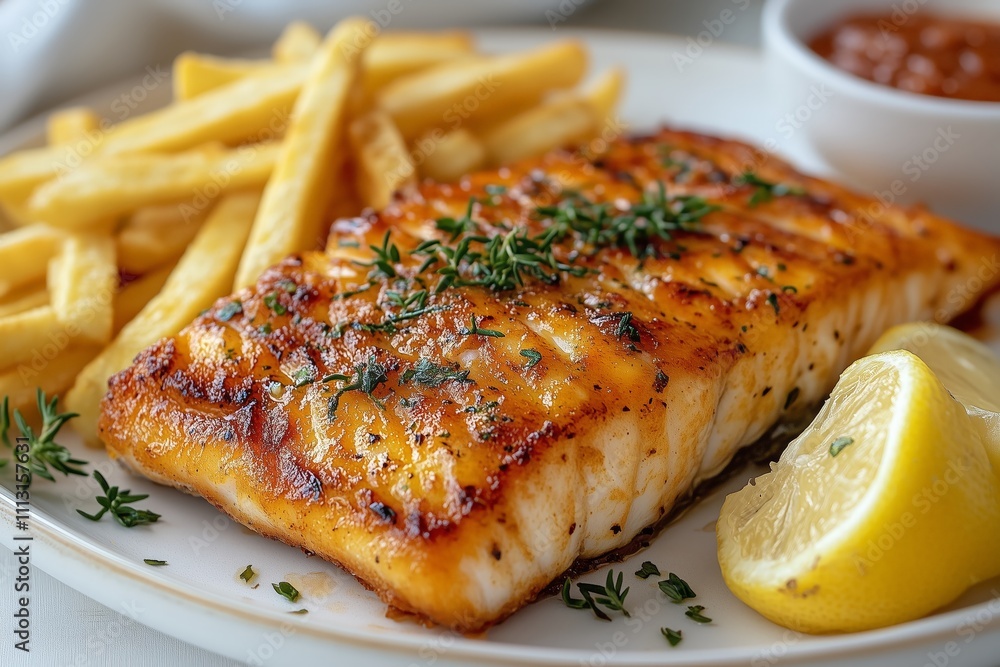 Grilled Fish Fillet With French Fries, Lemon Wedge, And Herbs on a Plate Grilled Fish Fillet With French Fries, Lemon Wedge, And Herbs on a Plate
