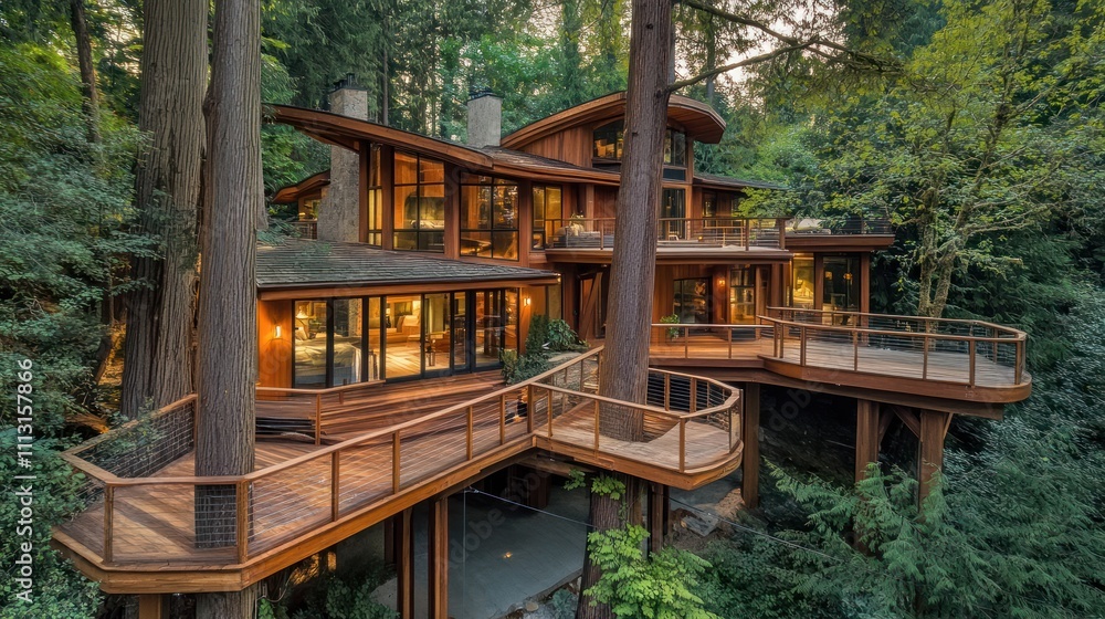 Fototapeta premium Modern treehouse home nestled in lush forest with multiple decks and balconies.
