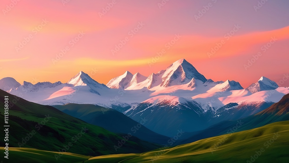 Fototapeta premium Majestic snow capped mountains at sunset over green hills