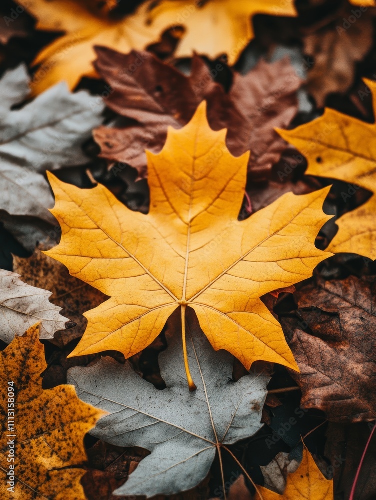 A vibrant yellow maple leaf among a mix of autumn leaves, showcasing seasonal beauty. A vibrant yellow maple leaf among a mix of autumn leaves, showcasing seasonal beauty.