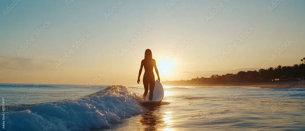 Silhouette of a surfer against a sunset backdrop on the beach. Silhouette of a surfer against a sunset backdrop on the beach.
