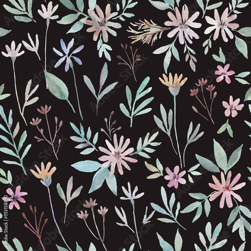 Cute delicate floral pattern with pink flowers and plants.Hand-drawn watercolor illustration.