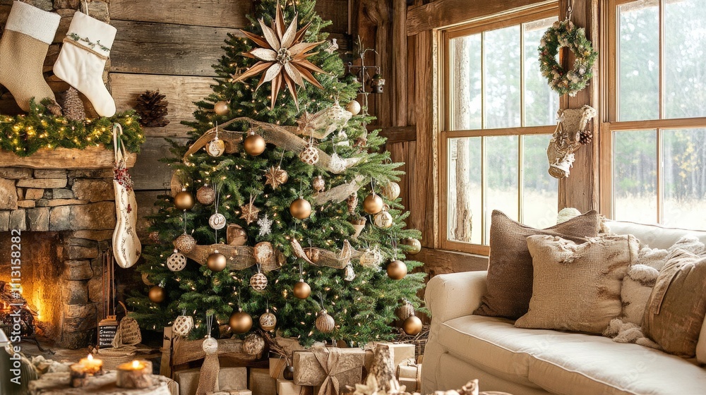 Fototapeta premium Rustic Christmas tree with burlap and wooden decorations, exuding a natural charm