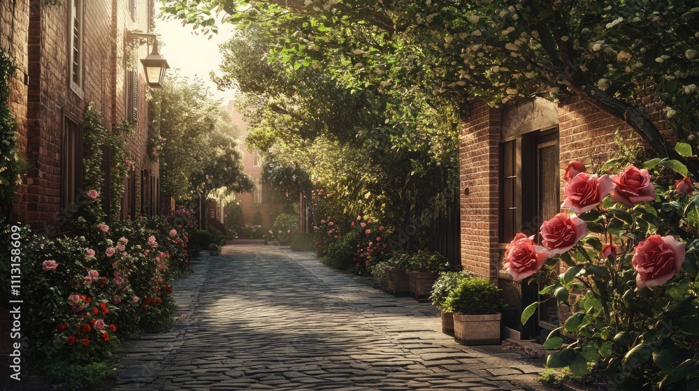 Naklejka premium Sunlit Brick Lane Pathway: A Serene Stroll Through a Floral Paradise