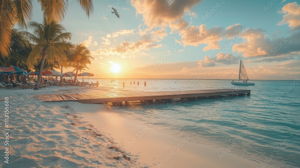 A serene beach scene at sunset features a pontoon, palm trees, and sunbathers by turquoise waters.