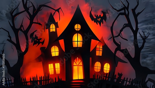 haunted house silhouette with glowing windows