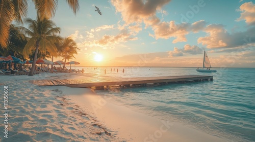 Obraz na płótnie A serene beach scene at sunset features a pontoon, palm trees, and sunbathers by turquoise waters. w salonie