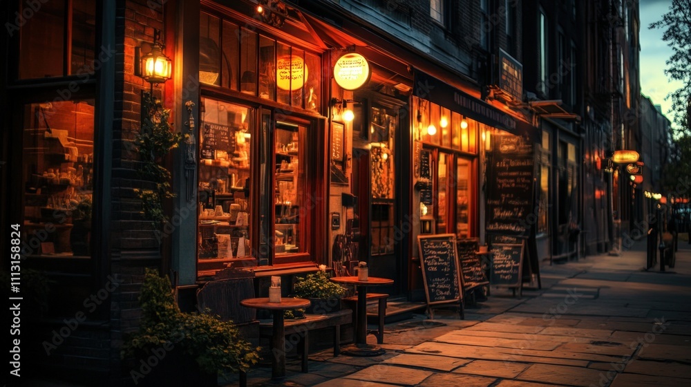 Nighttime street scene; warm-lit shop, outdoor seating.