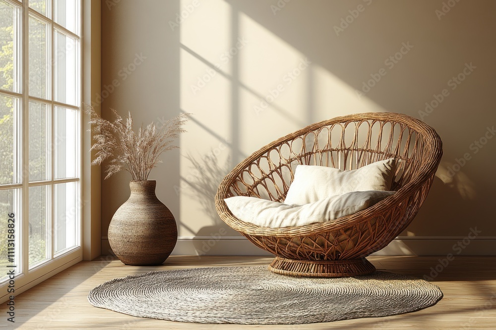 Fototapeta premium Sunlit room with wicker chair, rug, and vase.