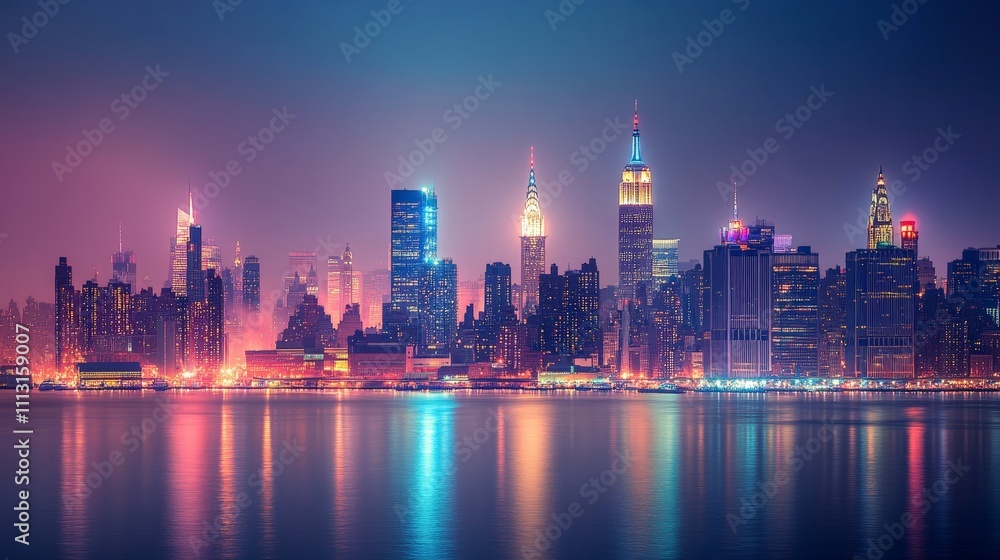Obraz premium Skyline with iconic buildings illuminated in New Year Eve lights, celebrating the transition to a new year