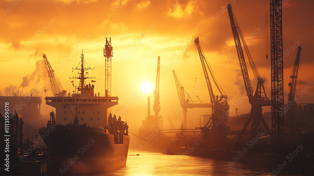 Silhouette of cargo ship at sunset in a busy port with cranes. Silhouette of cargo ship at sunset in a busy port with cranes.