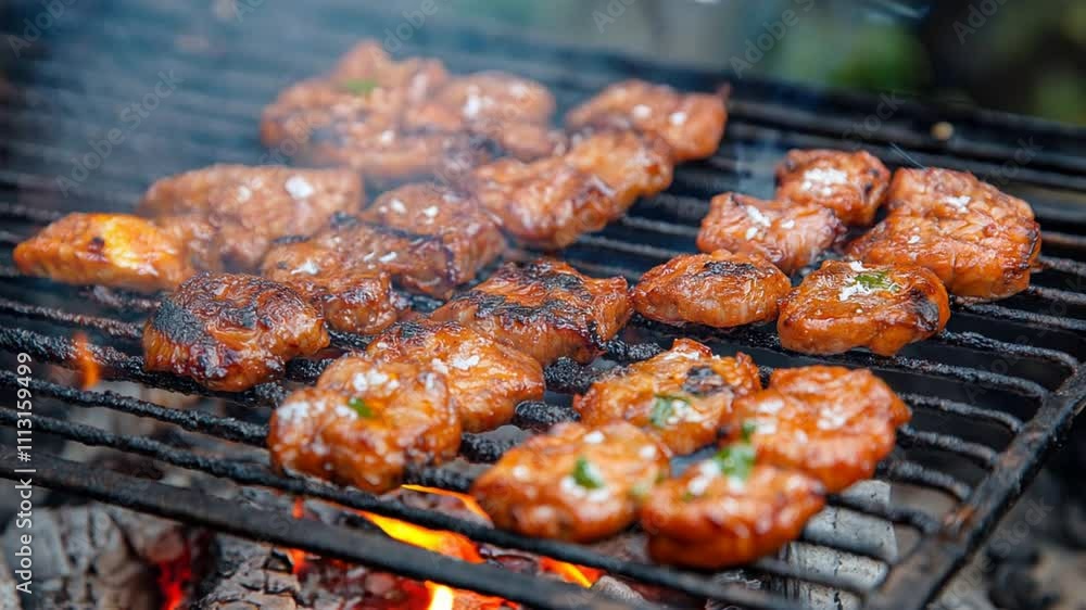 Sizzling Summer BBQ: Close-up shot of juicy, smoky meat cubes sizzling on a hot grill, flames licking at the edges, creating a mouthwatering image of summer grilling perfection. Sizzling Summer BBQ: Close-up shot of juicy, smoky meat cubes sizzling on a hot grill, flames licking at the edges, creating a mouthwatering image of summer grilling perfection.