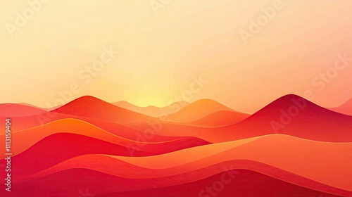 Abstract landscape with red hills and a sunset in the background.