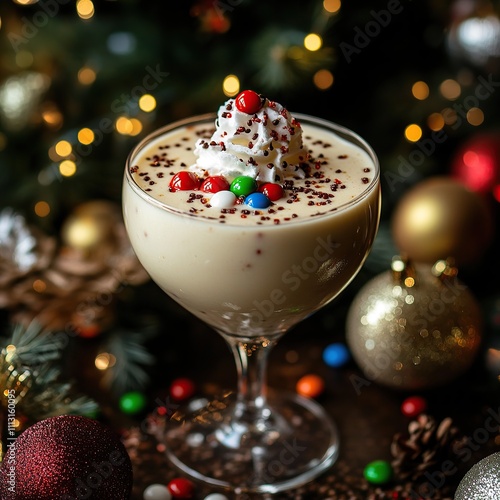 Creamy Christmas cocktail with whipped cream and candy sprinkles.