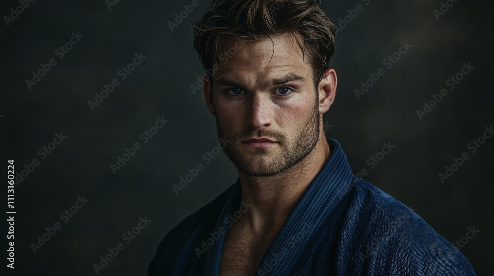 A man with short, dark hair and a beard is wearing a blue robe. He looks directly at the camera with a serious expression. He is standing against a dark background. A man with short, dark hair and a beard is wearing a blue robe. He looks directly at the camera with a serious expression. He is standing against a dark background.
