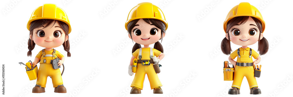a happy kindergarten girl child dressed up as a electrician - 3D Set Isolated On Transparent Background PNG a happy kindergarten girl child dressed up as a electrician - 3D Set Isolated On Transparent Background PNG