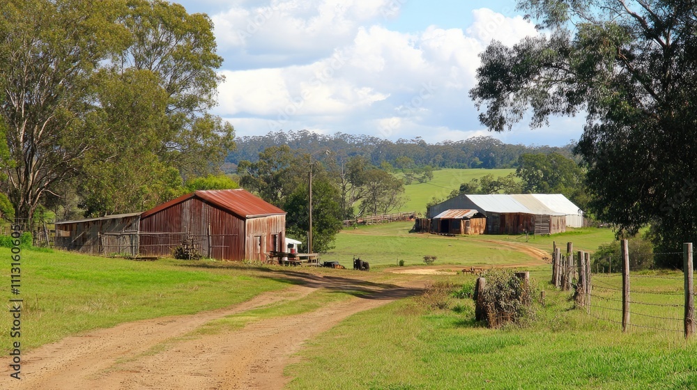 A scenic rural landscape featuring farm buildings and a dirt road surrounded by greenery. A scenic rural landscape featuring farm buildings and a dirt road surrounded by greenery.