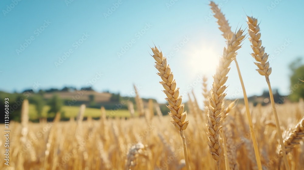 Fototapeta premium Sunlit wheat field with golden stalks under a clear blue sky.