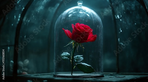 Enchanted rose in a glass case in dark room, symbolizing loneliness beauty
