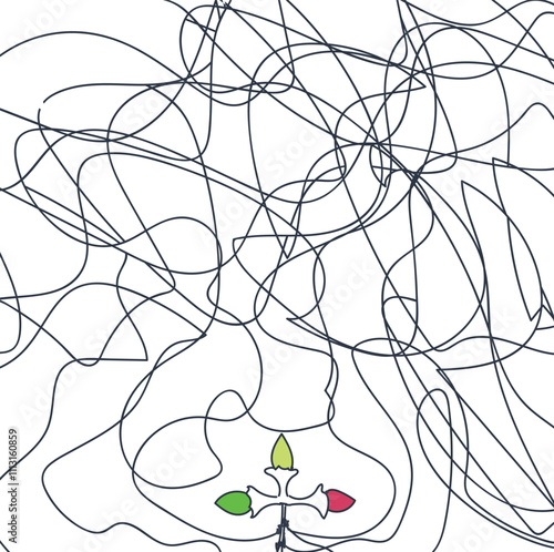 At the bottom are three-colored lamps, with tangled wires coming from them.
