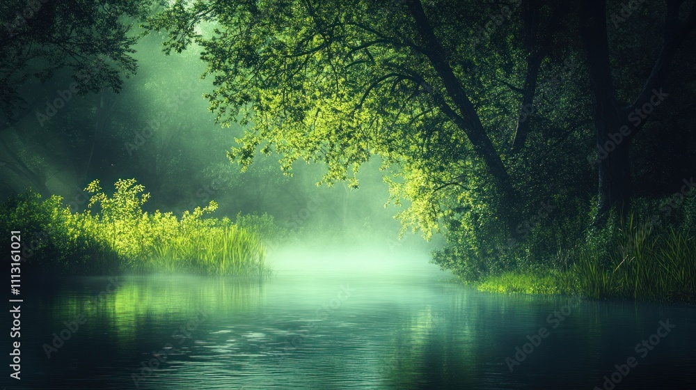 Obraz premium Calm wilderness with flowing misty river,daytime atmosphere.