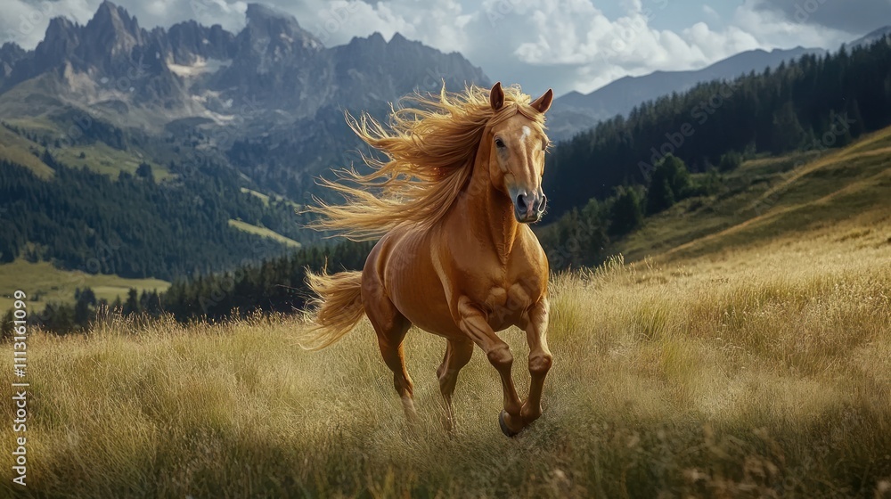 Majestic chestnut horse galloping across a golden meadow in a mountainous landscape. Majestic chestnut horse galloping across a golden meadow in a mountainous landscape.