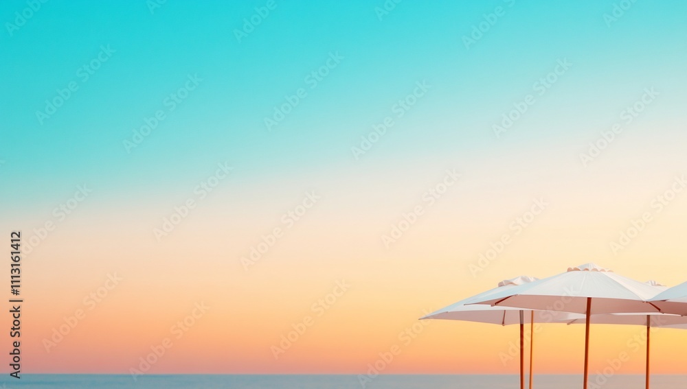 Tranquil beach scene at sunset with umbrellas and calm ocean. Tranquil beach scene at sunset with umbrellas and calm ocean.