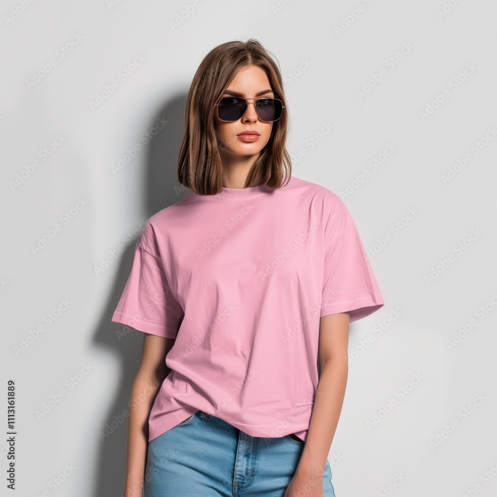 A young woman in a pink t-shirt and sunglasses poses against a light backdrop. A young woman in a pink t-shirt and sunglasses poses against a light backdrop.