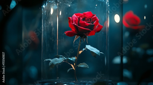 Fototapeta Naklejka Na Ścianę i Meble -  Enchanted rose in a glass case in dark room, symbolizing loneliness beauty