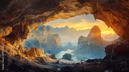 A breathtaking view of a sunset over a lake and mountains from inside a cave.