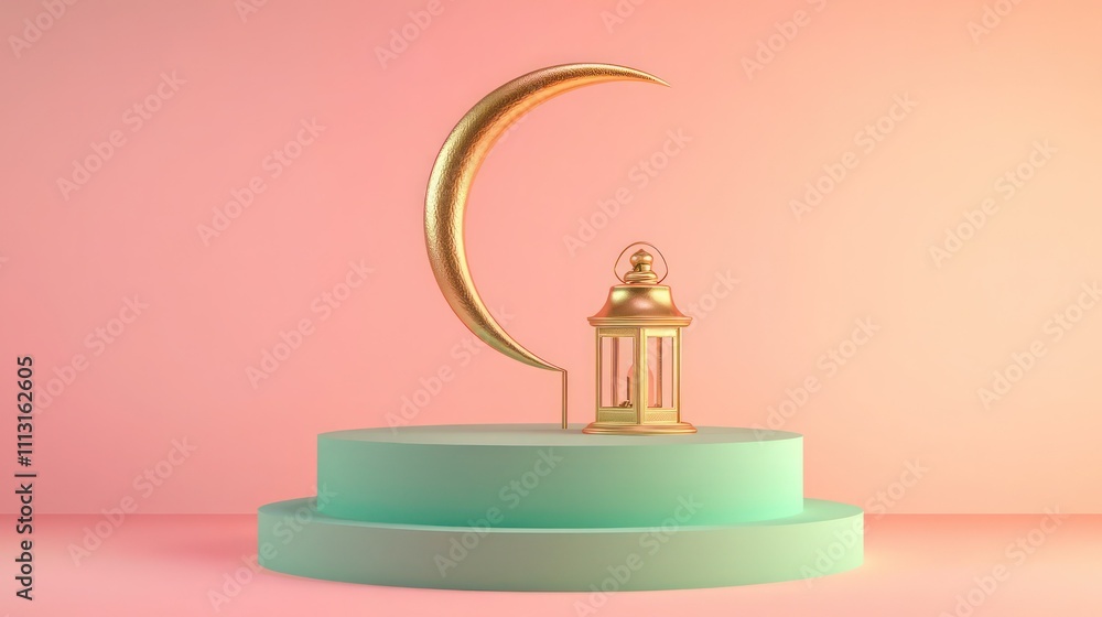 Seafoam green podium with a brass lantern and crescent moon, set against a gradient pink and peach background. Seafoam green podium with a brass lantern and crescent moon, set against a gradient pink and peach background.