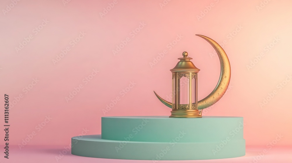 Seafoam green podium with a brass lantern and crescent moon, set against a gradient pink and peach background. Seafoam green podium with a brass lantern and crescent moon, set against a gradient pink and peach background.